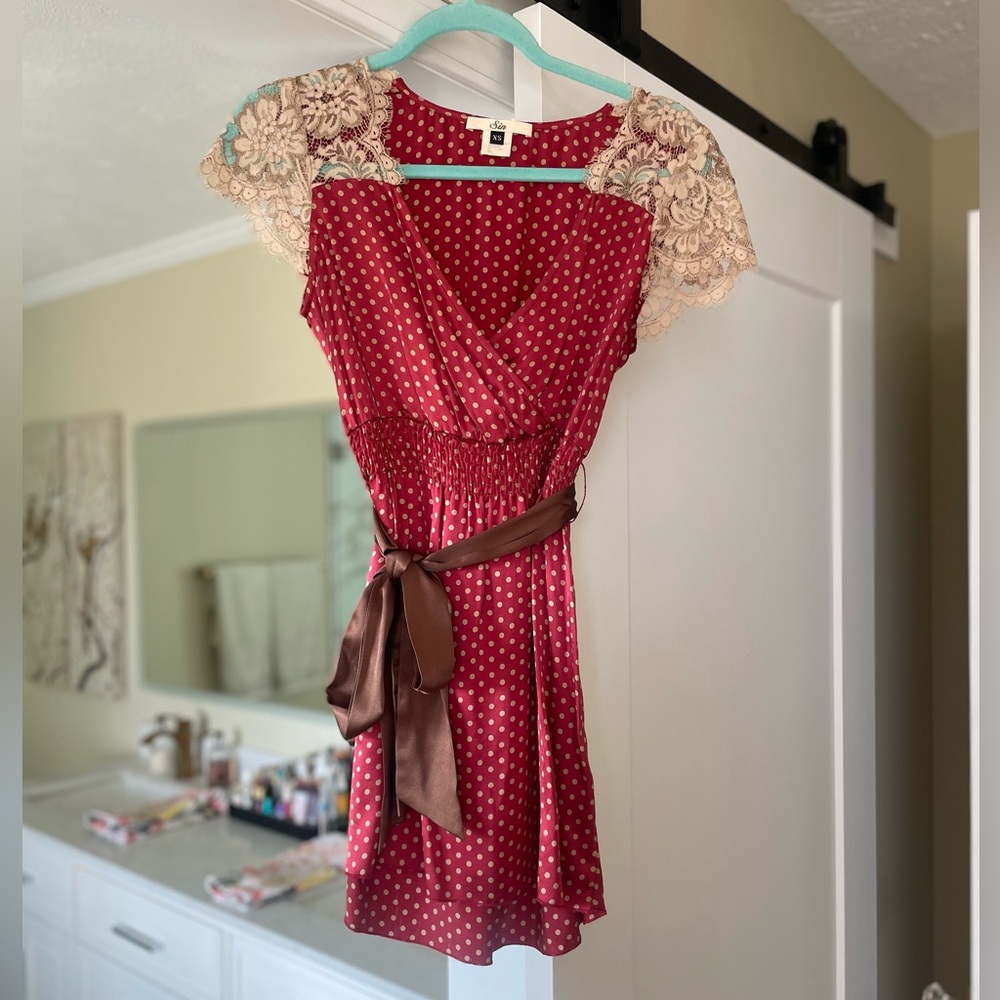 SIN 100% Silk Red Polka Dot Mini with Lace Capped Sleeves